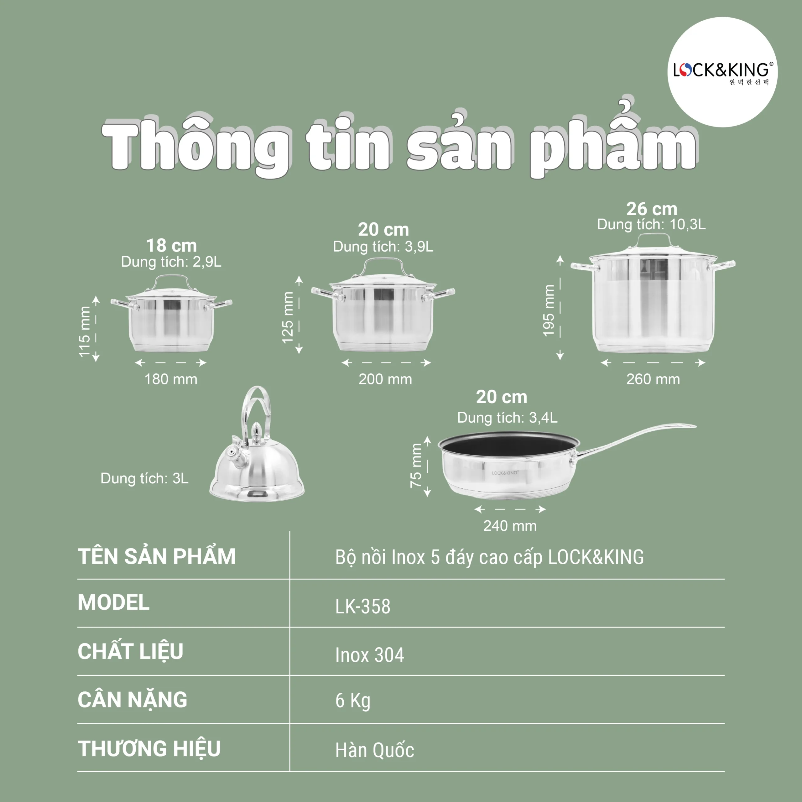 Bộ Nồi Inox 5 Đáy Cao Cấp Lock&King LK-358 - Ảnh 9