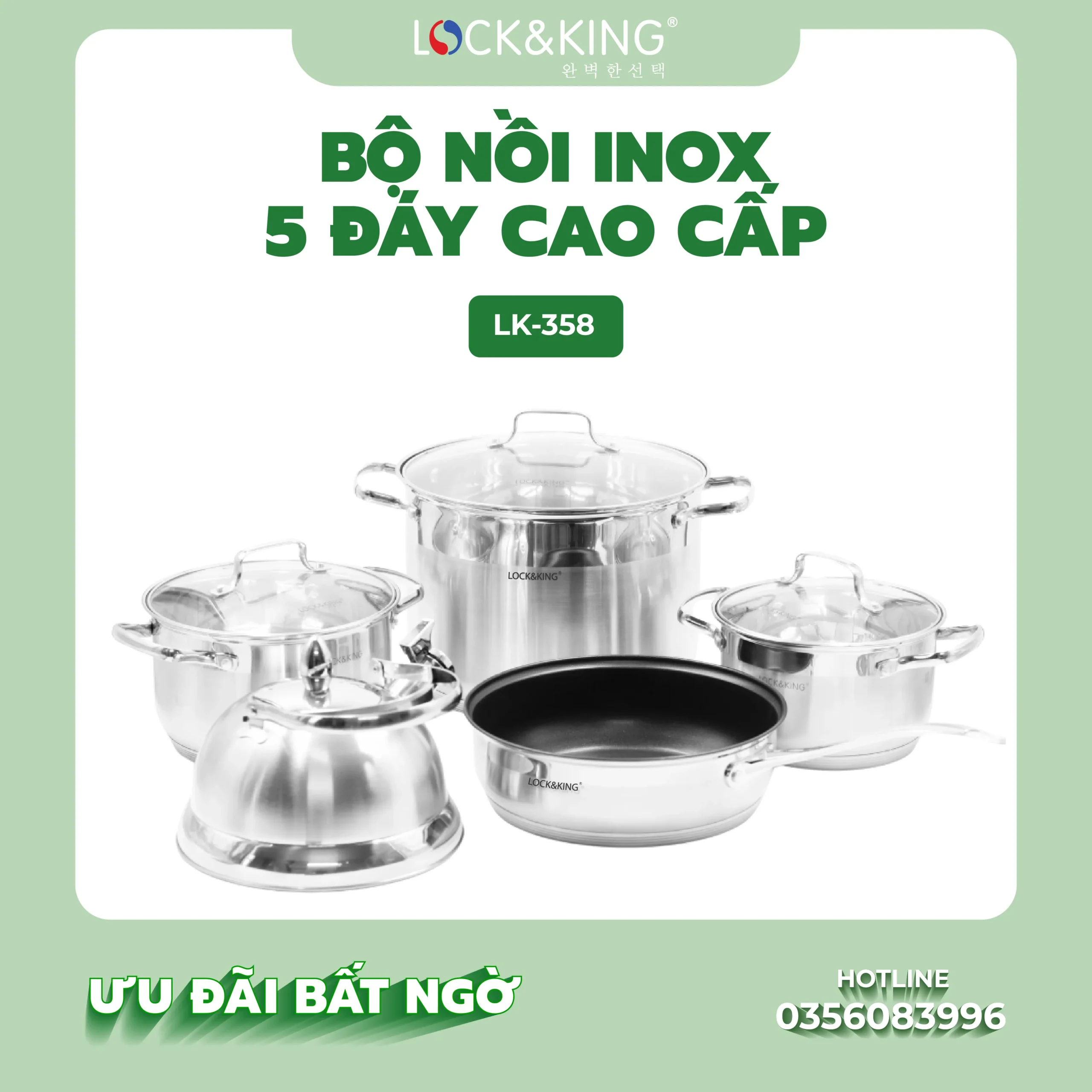Bộ Nồi Inox 5 Đáy Cao Cấp Lock&King LK-358