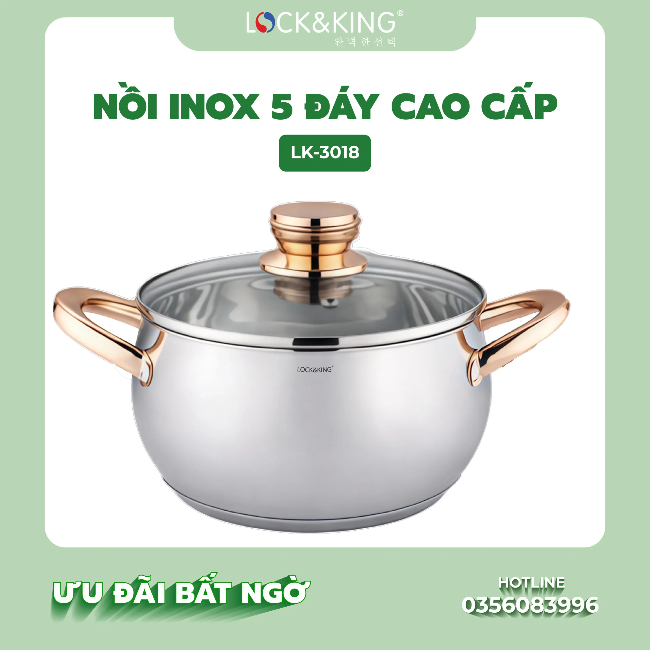 Nồi Inox 5 Đáy Cao Cấp Lock&King LK-3018