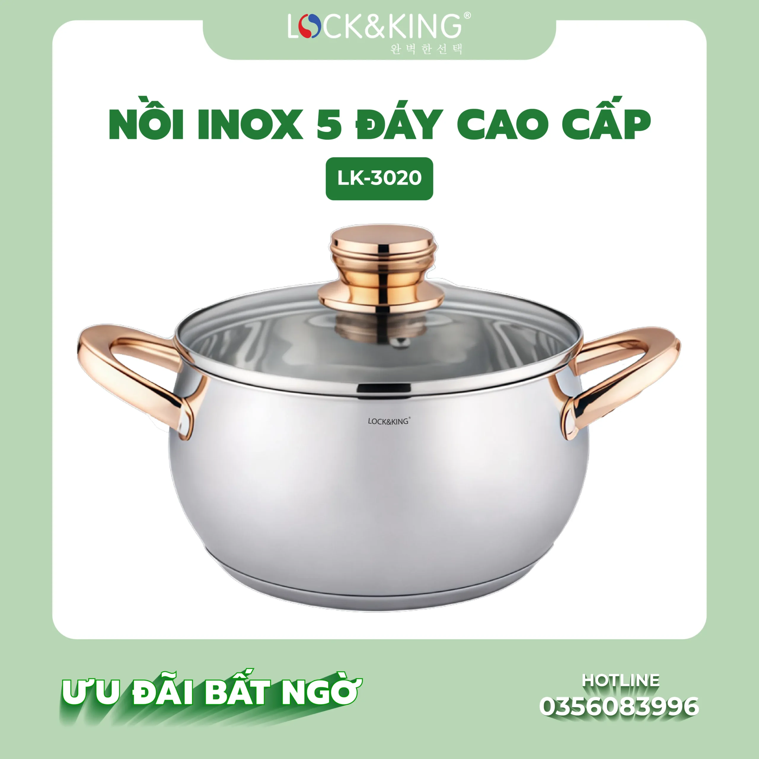 Nồi Inox 5 Đáy Cao Cấp Lock&King LK-3020