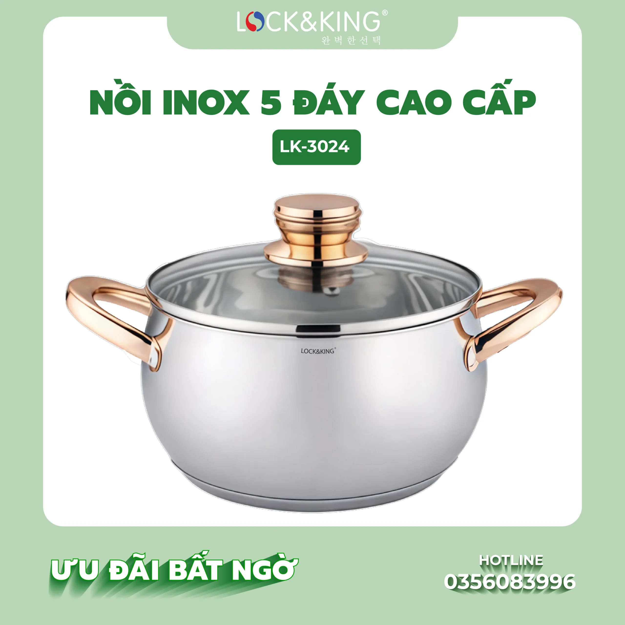 Nồi Inox 5 Đáy Cao Cấp Lock&King LK-3024